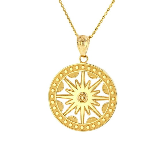 SOLID YELLOW GOLD TEXTURED MEDALLION OPENWORK FLAMING SUN PENDANT NECKLACE : 10K Pendant with 22" chain
