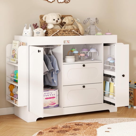 SOLIDEE Baby Changing Table Dresser, Baby Changing Station Storage Multi-Functional Storage 2 Drawer Diaper Changing Table with Side Storage Rack, Towel Rack, White