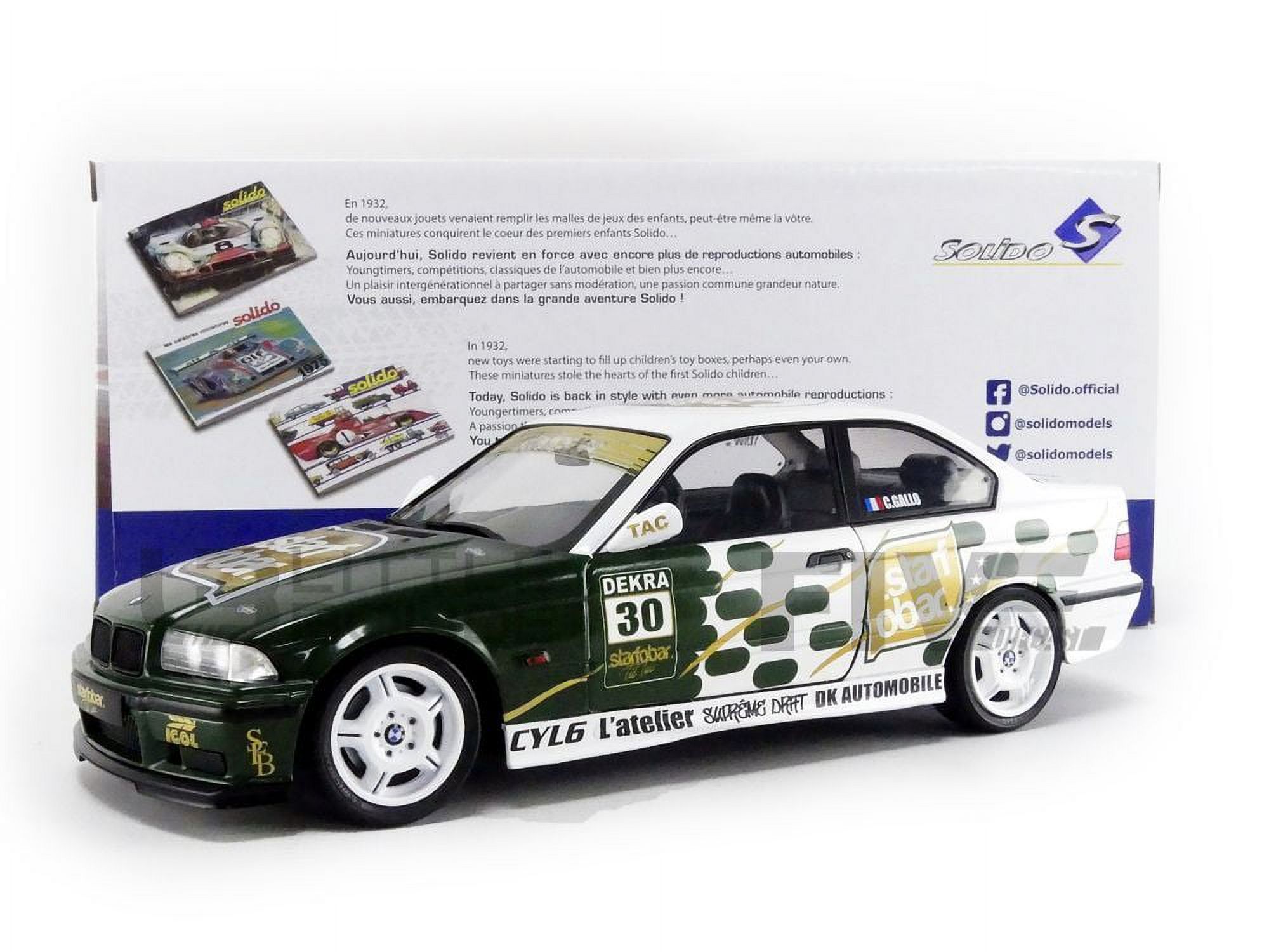 Solido 1/18 Scale BMW M3 E36 Coupe Tic Tac Race Car Model - 1994 | Diecast Metal, White/Green