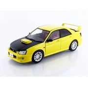 سيارة سوبارو إمبريزا WRX STI RHD موديل 2003 ذات القيادة اليمنى باللون الأصفر مع غطاء من الكربون موديل 1/18 مصبوب من إنتاج شركة سوليدو
