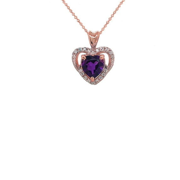 SOLITAIRE AMETHYST AND DIAMOND HEART CHARM PENDANT NECKLACE IN GOLD (YELLOW/ROSE/WHITE) : 10K Yellow GOLD Pendant with 22" chain