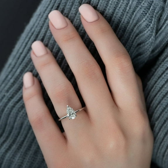 SOLITAIRE JEWELS 0.70CT Pear Cut Moissanite Diamond Hidden Halo Solitaire Prong Engagement Ring for Women Solid 14k White Gold, 14k White Gold Solitaire Ring