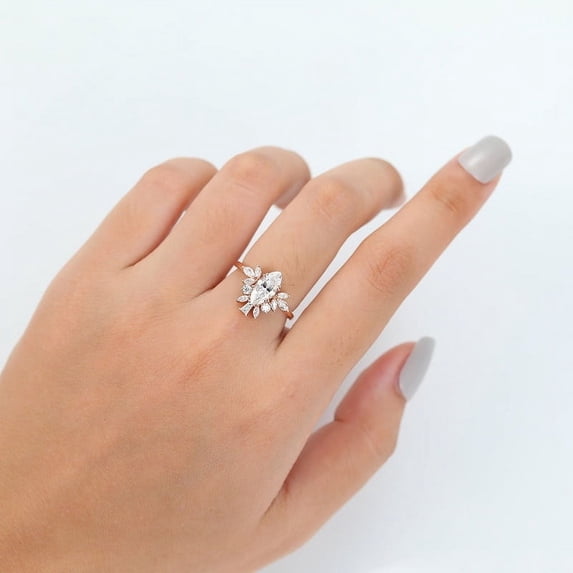 SOLITAIRE JEWELS 0.80CT Marquise With Round Moissanite Diamond Cluster Engagement Ring for Women Solid 10k Rose Gold
