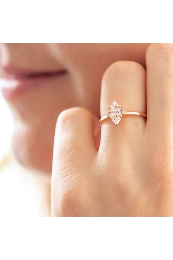 1.0CT Marquise & Round Three Stone Moissanite Engagement Ring Solid 10K Yellow Gold