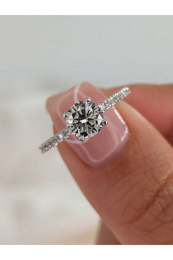 1.50 Ct Round Brilliant Moissanite Diamond Engagement Solitaire With Pave Ring 10K White Gold
