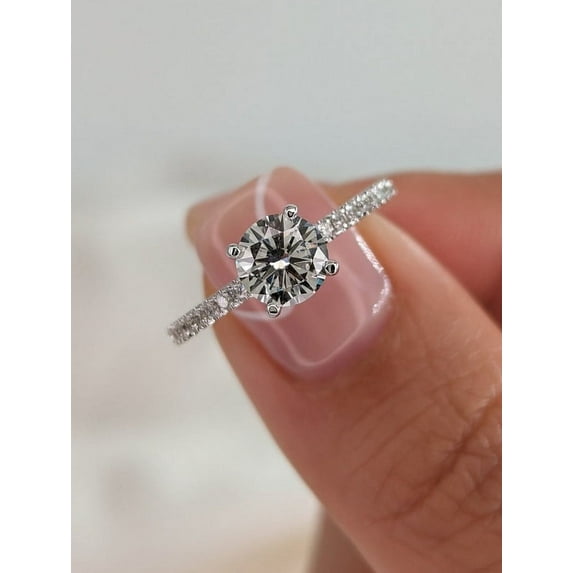SOLITAIRE JEWELS 1.50 Ct Round Brilliant Moissanite Diamond Engagement Solitaire With Pave Ring 10K White Gold