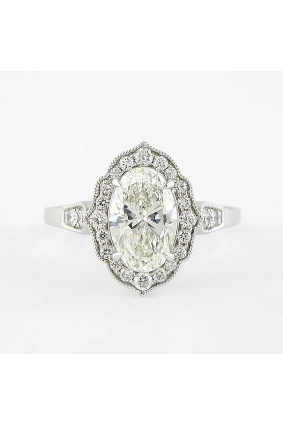 1.5CT Oval Milgrain Vintage Halo Style Moissanite Engagement Ring in 10K White Gold