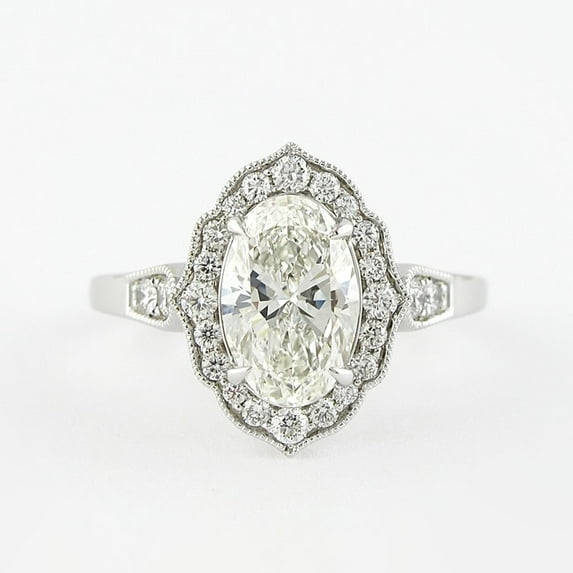 SOLITAIRE JEWELS 1.5CT Oval Milgrain Vintage Halo Style Moissanite Engagement Ring in 18K White Gold