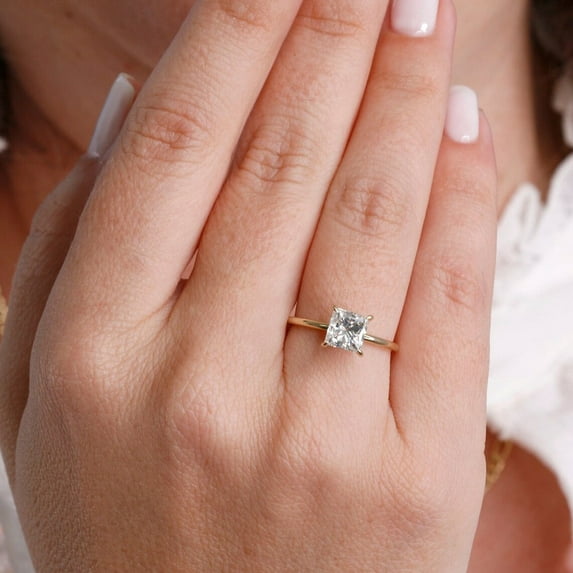 SOLITAIRE JEWELS 1.5CT Princess Moissanite Hidden Halo Diamond Engagement Ring Solid 10K Yellow Gold