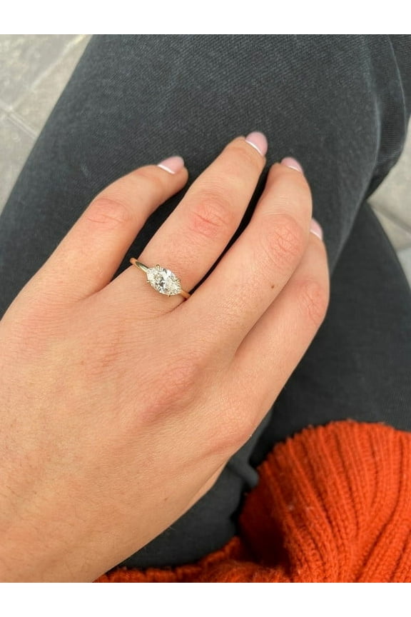 1.5Ct Marquise Moissanite Engagement Ring, 10K Yellow Gold East-West Setting Solitaire Ring