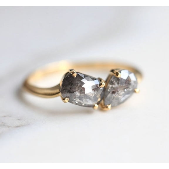 SOLITAIRE JEWELS 1.60Tcw - Cushion And Pear Salt Pepper Diamond Two Stone Engagement Ring 18K Gold