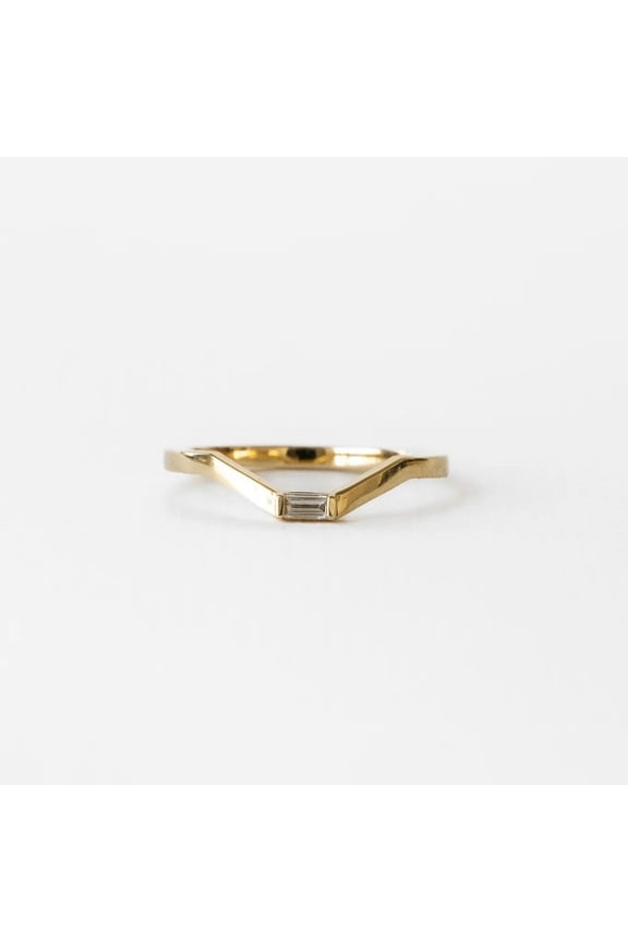 10k Yellow Gold Baguette Cut Moissanite Minimalist Chevron Perfect Stacking Ring for Wedding