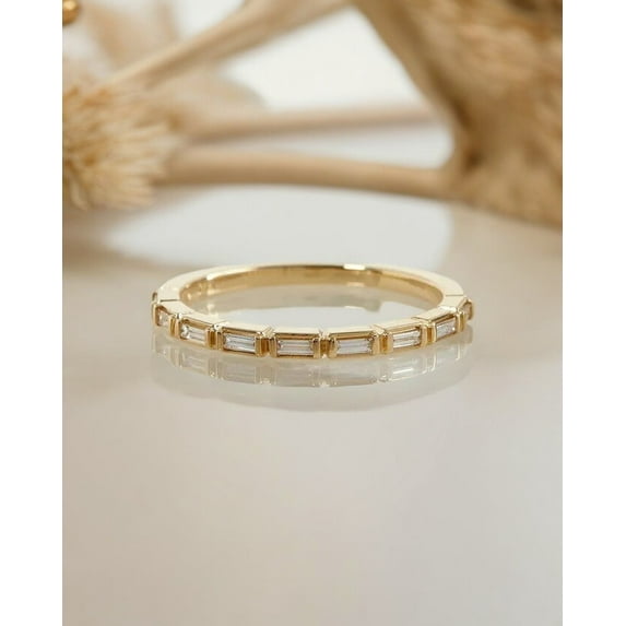 SOLITAIRE JEWELS 14K Yellow Gold 1CT Baguette Cut Bezel Moissanite Half Eternity Wedding Band