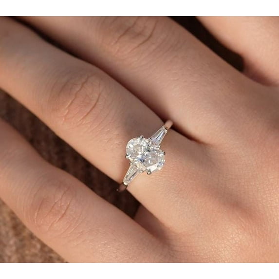SOLITAIRE JEWELS 1CT Oval & Tapered Baguette Three Stone Solitaire Engagement Ring Solid 14K White Gold