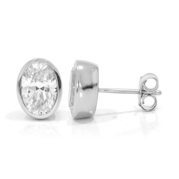 SOLITAIRE JEWELS 1TCW Oval Moissanite/Diamond Pointer Stud Bezel Earrings In 925 Silver Sterling