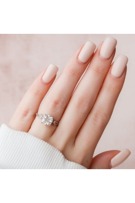 2.00CT Cushion Cut Moissanite Twig Style Solitaire Engagement Ring for Women Solid 18k White Gold, 18k White Gold Solitaire Ring