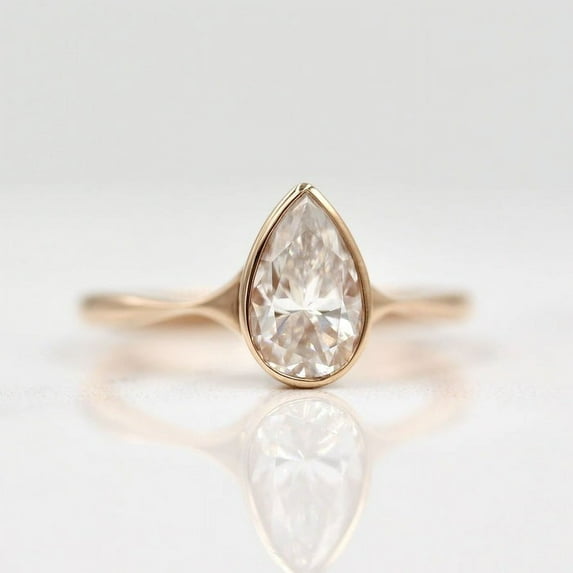 SOLITAIRE JEWELS 2.00CT Pear Moissanite Diamond Bezel Solitaire Engagement Ring 18k Rose Gold