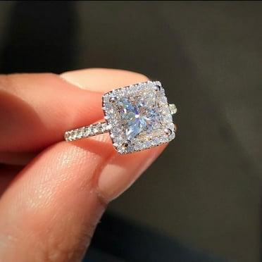 SOLITAIRE JEWELS 2.00CT Princess Cut Halo Style Pave Moissanite Engagement Ring for Women Solid 10k Yellow Gold