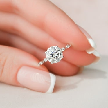 SOLITAIRE JEWELS 2.00CT Round Cut Dainty Distance Pave Moissanite Solitaire Engagement Ring for Women, 10k White Gold Solitaire Ring