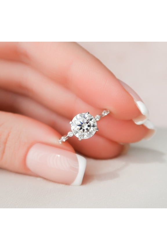 2.00CT Round Cut Dainty Distance Pave Moissanite Solitaire Engagement Ring for Women, 10k White Gold Solitaire Ring