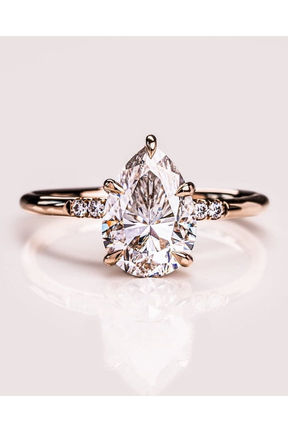 2.3CT Pear Cut Solitaire Moissanite Engagement Ring With Hidden Halo With Half Pave Setting Solid 18k Yellow Gold, 18k Yellow Gold Solitaire Ring