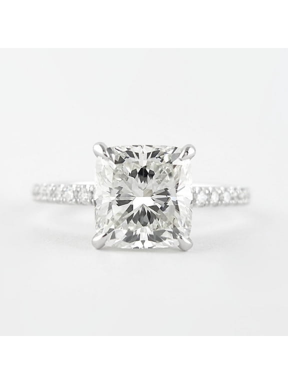 2.40CT Cushion Cut Moissanite Diamond Hidden Halo Pave Asscent Engagement Ring for Women Solid 14k White Gold, 14k White Gold Solitaire Ring