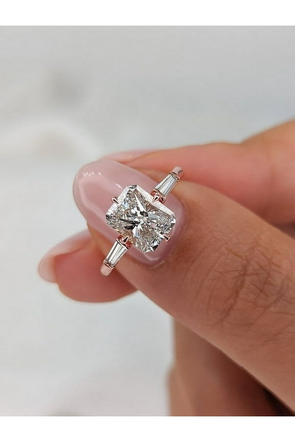 2.50Ct Radiant Moissanite Diamond Engagement Ring 10K Rose Gold With Tapered Side Moissanite