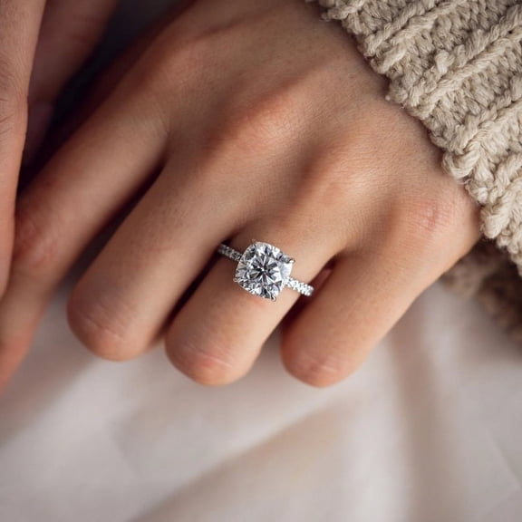 SOLITAIRE JEWELS 2.5CT Cushion Cut Moissanite Diamond Pave Set Engagement Ring for Gift, 10k White Gold Solitaire Ring