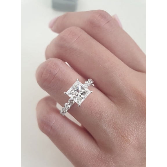 SOLITAIRE JEWELS 2.5CT Princess Cut Moissanite Diamond Pave Engagement Ring Solid 14K White Gold