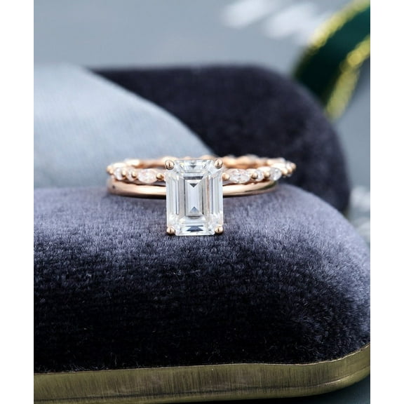 SOLITAIRE JEWELS 2.5Ct Emerald Cut Moissanite Engagement Ring with Marquise Wedding Band Set Solid 10K Rose Gold