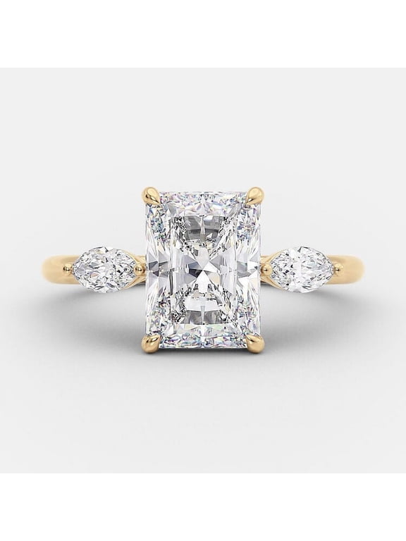 2.5Ct Radiant And Marquise Three Stone Moissanite Engagement Ring 10K Yellow Gold