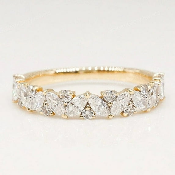 SOLITAIRE JEWELS 2.5MM Marquise & Round Moissanite Wedding Band Half Eternity Band 10K Yellow Gold