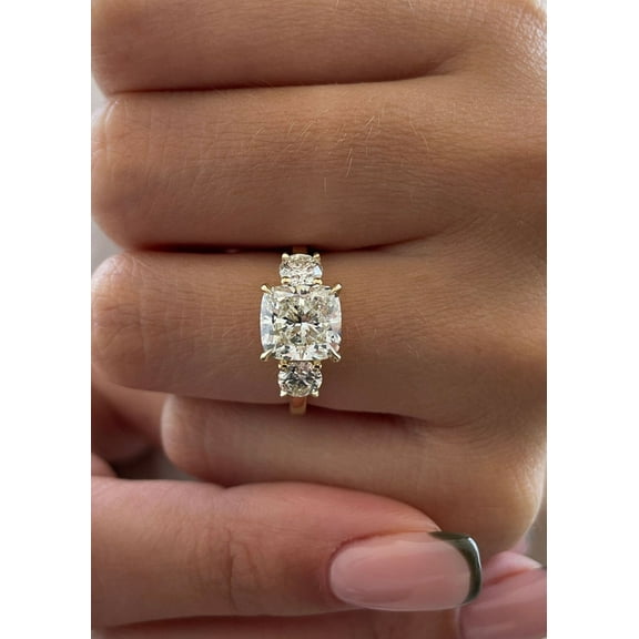 SOLITAIRE JEWELS 2.6CT Cushion Moissanite Diamond Three Stones Engagement Ring Solid 10K Yellow Gold
