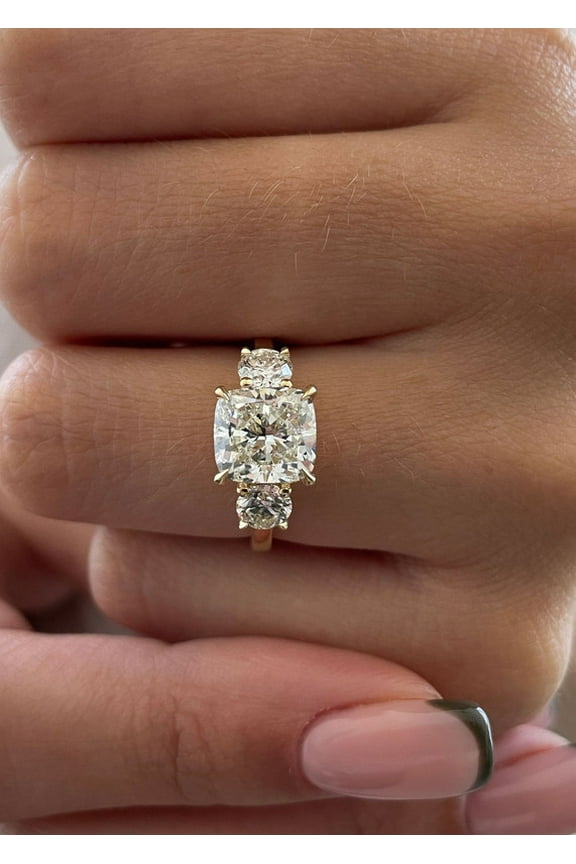 2.6CT Cushion Moissanite Diamond Three Stones Engagement Ring Solid 10K Yellow Gold