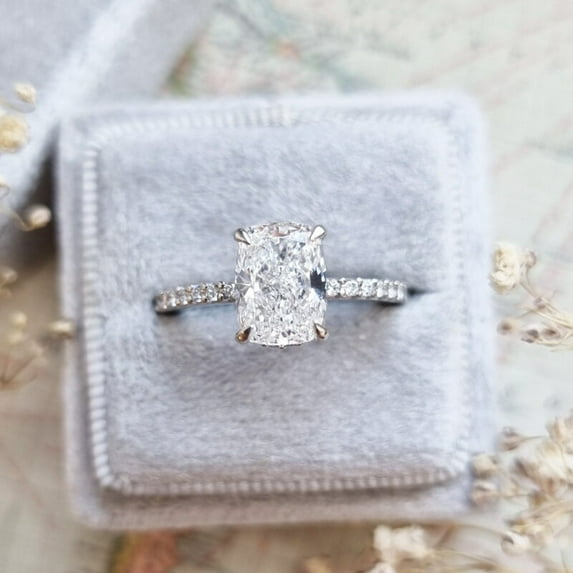 SOLITAIRE JEWELS 2.82Tcw - Elongated Cushion Cut White Moissanite Hidden Halo Wedding Ring 18k Gold