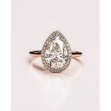 SOLITAIRE JEWELS 2.9CT Pear Cut Moissanite Halo Solitaire Engagement Ring for Women Solid 10k Yellow Gold