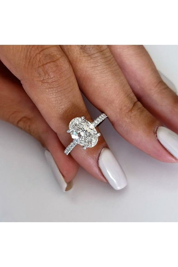 2 Ct Oval Moissanite Hidden Halo Pave Accent Engagement Ring 10K White Gold