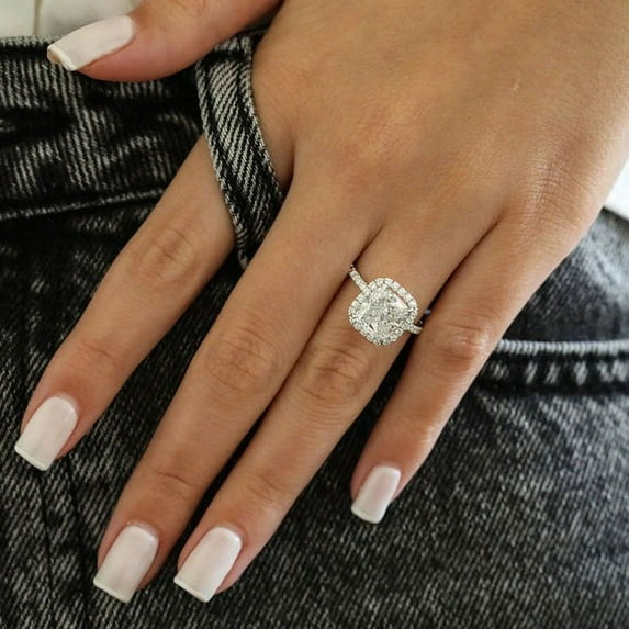 SOLITAIRE JEWELS 2CT Cushion Halo Pave Moissanite Diamond Engagement Ring Solid 10K White Gold