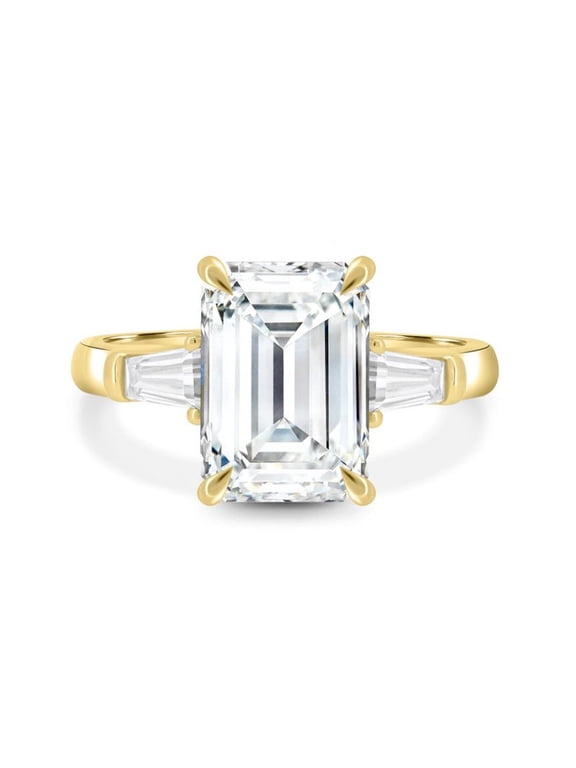 2CT Emerald Trilogy Moissanite Diamond Solitaire Engagement Ring 10K Yellow Gold