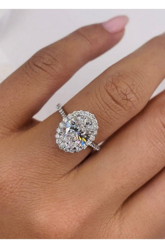 2CT Oval Cut Moissanite Halo Pave Band Engagement Ring Solid 10K White Gold