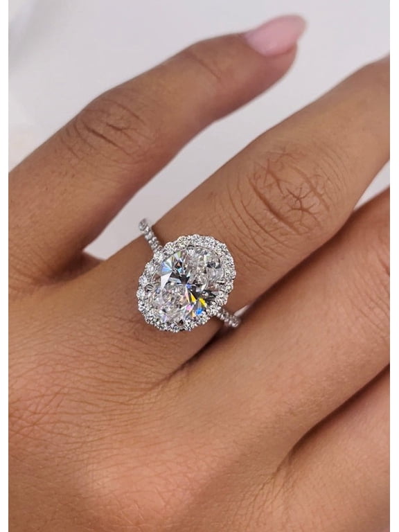 2CT Oval Cut Moissanite Halo Pave Band Engagement Ring Solid 10K White Gold