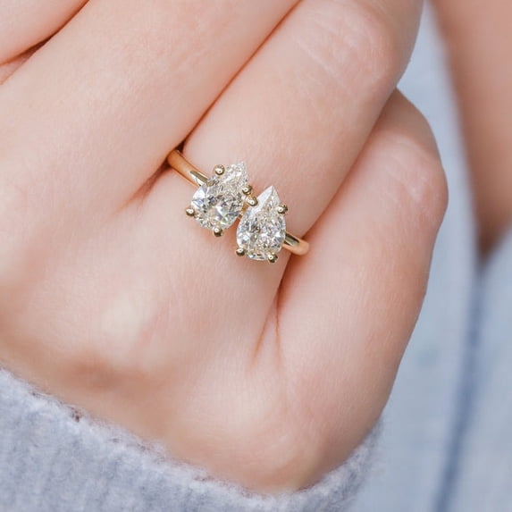 SOLITAIRE JEWELS 2CT Pear Two Stone Toi Et Moi Moissanite Engagement Ring In 10K Yellow Gold