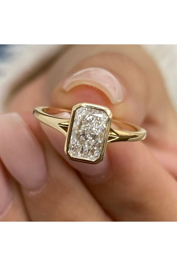 2CT Radiant Moissanite Bezel Solitaire Bezel Engagement Ring Solid 10K Yellow Gold