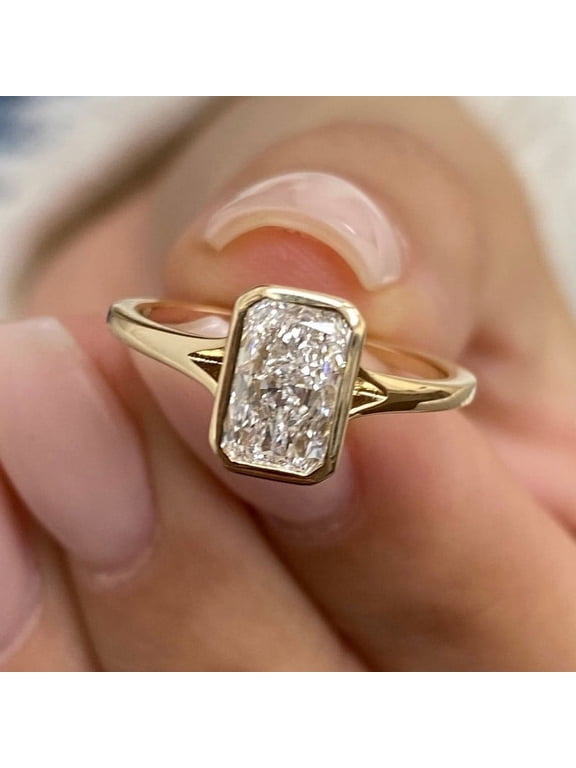 2CT Radiant Moissanite Bezel Solitaire Bezel Engagement Ring Solid 18K Yellow Gold