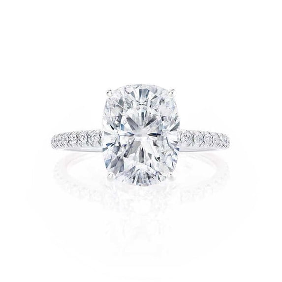 SOLITAIRE JEWELS 2Ct Elongated Cushion Moissanite 18k White Gold Petite Pavé Shoulder Set Ring