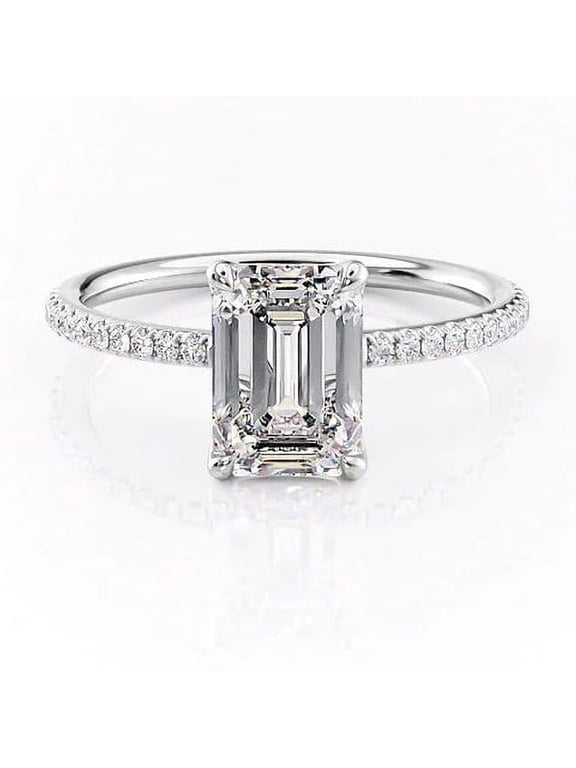 2Ct Emerald Cut Moissanite Engagement Ring, Solitaire Pave Accent Ring in 14K White Gold