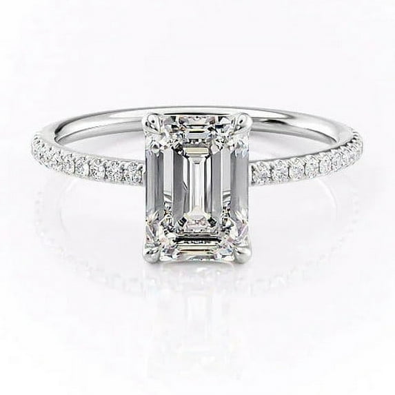 SOLITAIRE JEWELS 2Ct Emerald Cut Moissanite Engagement Ring, Solitaire Pave Accent Ring in 18K White Gold