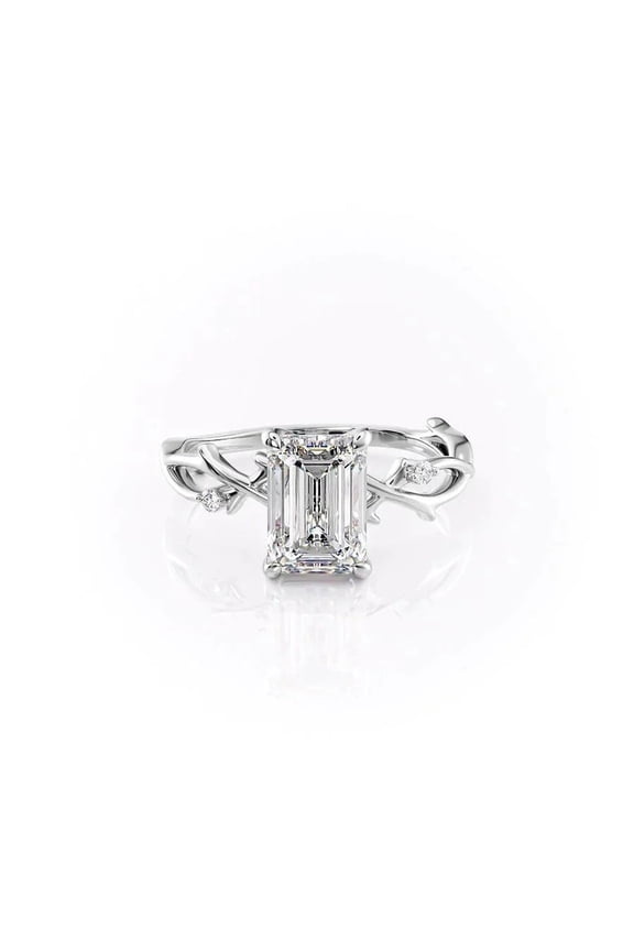 2Ct Emerald Cut Moissanite Engagement Ring, Twig Set Ring in 10K White Gold