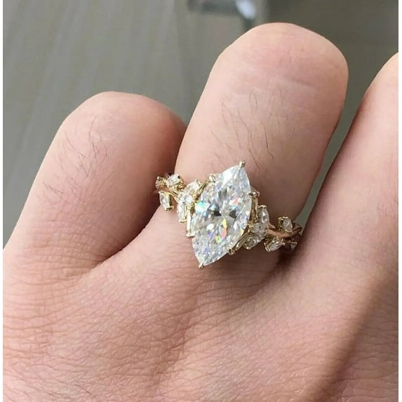 SOLITAIRE JEWELS 2Ct Marquise Cut Moissanite Diamond Engagement Twisted Band Ring 18K Yellow Gold