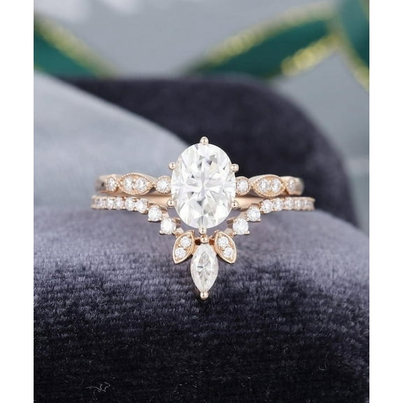 SOLITAIRE JEWELS 2Ct Oval Moissanite Engagement Ring with Marquise Curved Band Set Solid 10K Rose Gold